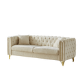 82 Inch Chenille Pull Buckle Design Sofa For Living Room,Buttons Tufted With Copper Nail Decoration Armrest, Modern Couch Upholstered Button And Metal Legs Beige Foam Chenille 3 Seat