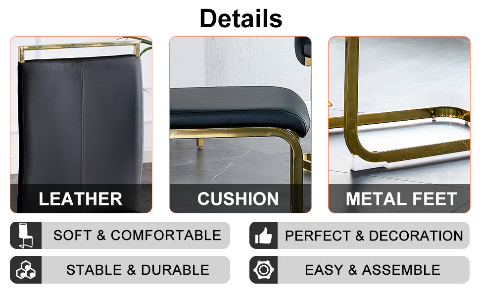 Table And Chair Set, The Table Is Equipped With A Marble Patterned Mdf Tabletop And Gold Table Legs.The Chair Is Equipped With Pu Synthetic Leather High Back Cushion And Gold Coated Metal Legs. Gold Black Seats 4 Mdf Metal