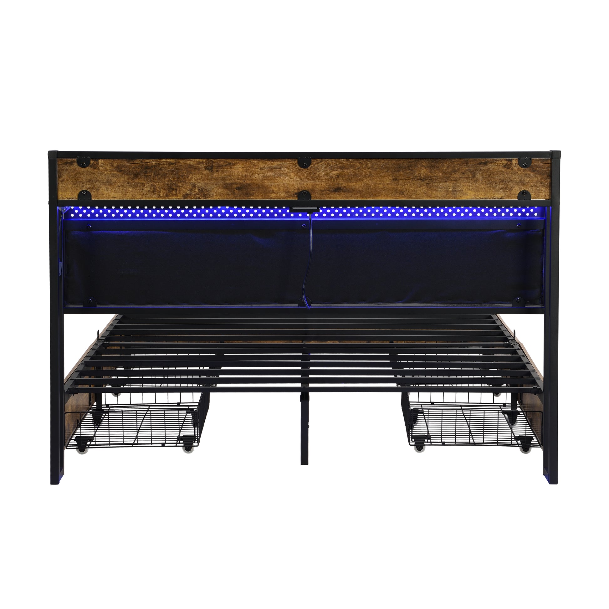 King Size Bed Frame, Storage Headboard With Charging Station And 4 Storage Drawers,Led Lightsbrown And And Gray Black Brown Grey Mdf Metal