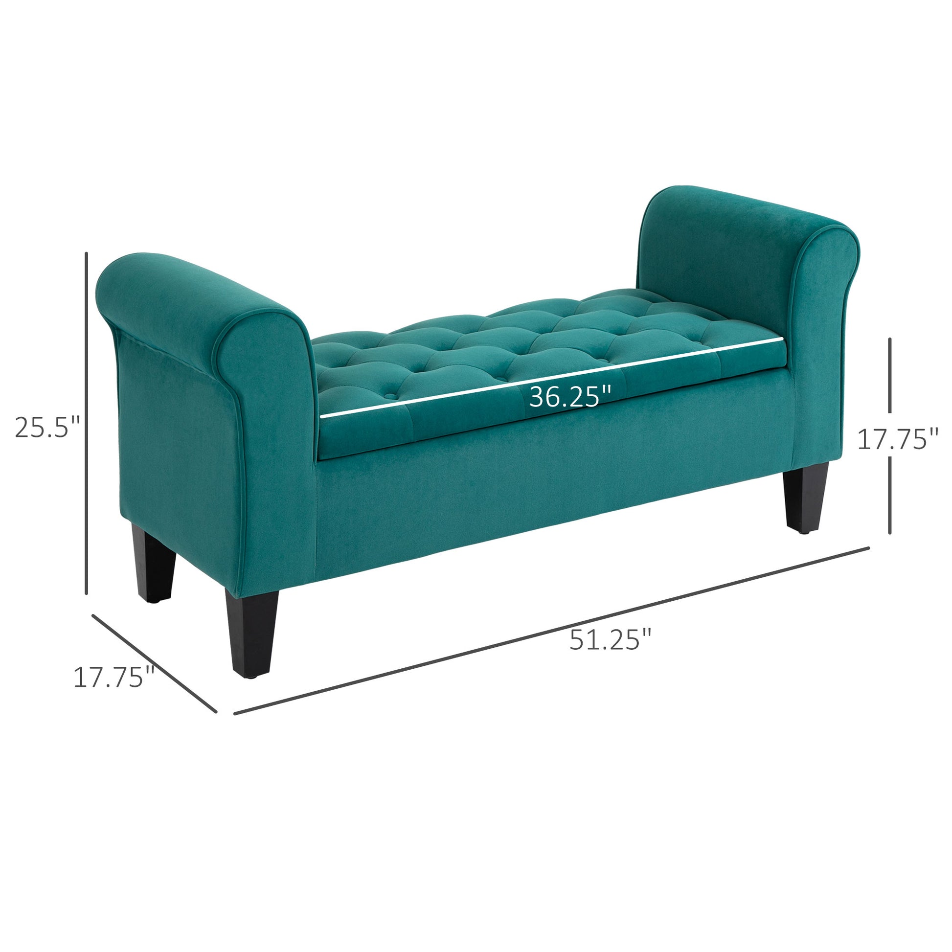 Homcom Button Tufted Storage Ottoman Bench, Upholstered Bench With Rolled Armrests For Living Room Or Hallway, Green Green Rubber Wood