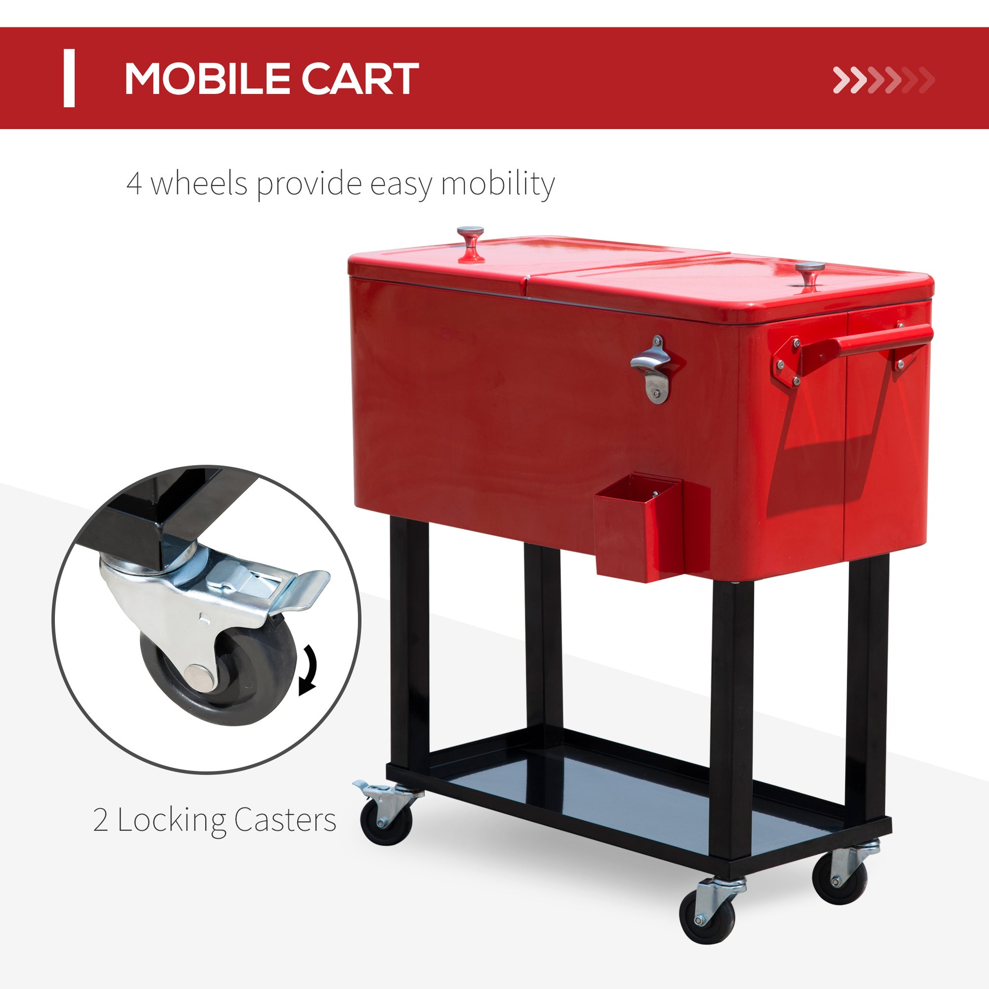 Outsunny 80 Qt Rolling Cooling Bins Ice Chest On Wheels Outdoor Stand Up Drink Cooler Cart For Party, Red Red Plastic
