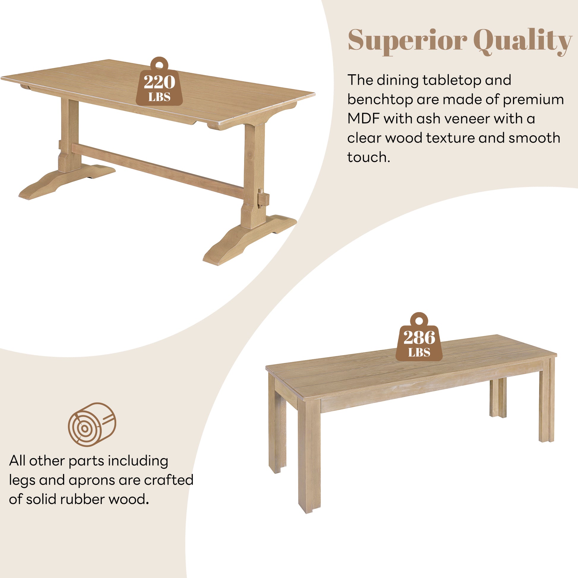 3 Piece Retro Dining Set, Rectangular Trestle Table And 2 Wooden Benches For 4 People For Dining Room And Kitchen Natural Wood Natural Wood Solid Wood Mdf