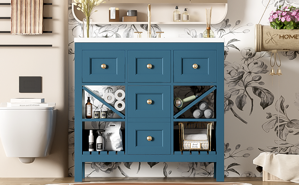 36'' Bathroom Vanity With Resin Sink Combo, Solid Wood Frame Bathroom Storage Cabinet, Freestanding Vanity Set With 5 Drawers& Soft Closing Doors Same As N710S136001C Blue Bathroom Solid Wood Mdf Resin