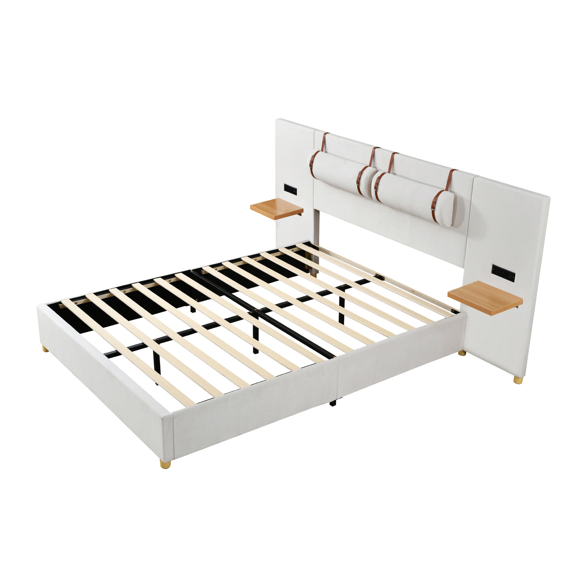 Queen Size Upholstered Platform Bed, Two Outlets And Usb Charging Ports On Both Sides, Two Bedside Pillows, Storage Shelves,Velvet, Beige Queen Beige Mdf Lvl