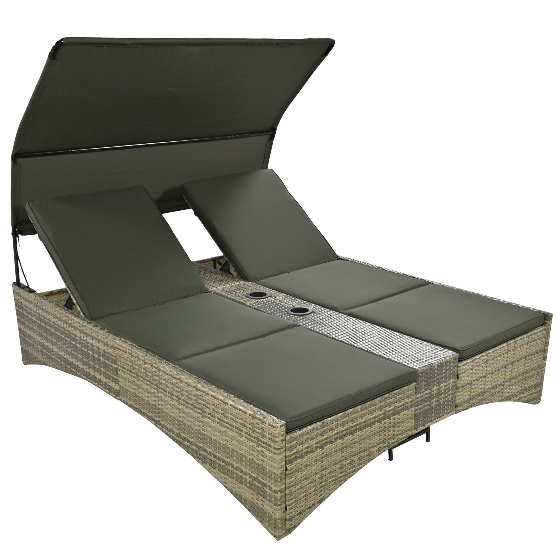 Patio Daybed Outdoor Daybed Outdoor Rattan Sun Lounger With Shelter Roof With Adjustable Backrest, Storage Box And 2 Cup Holders For Patio, Balcony, Poolside,Grey Yes Grey Seats 2 Water Resistant Frame Water Resistant Cushion Garden & Outdoor Sectional