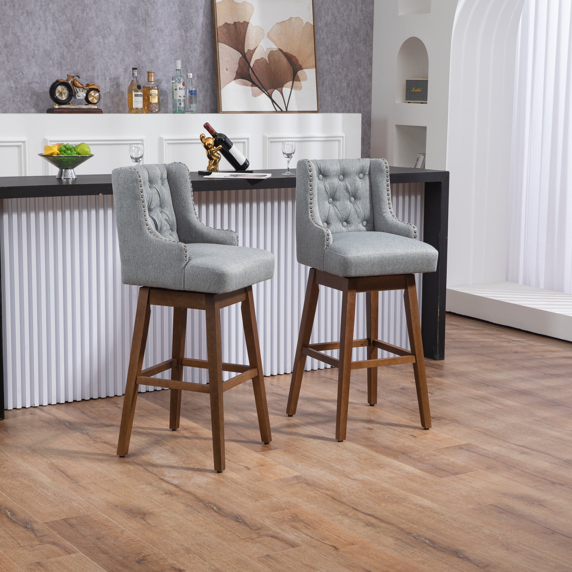 Coolmore Bar Stools Set Of 2 Counter Height Chairs With Footrest For Kitchen, Dining Room And 360 Degree Solid Wood Legs Swivel Bar Stools Set Of 2 Gary Linen Gray Foam Linen