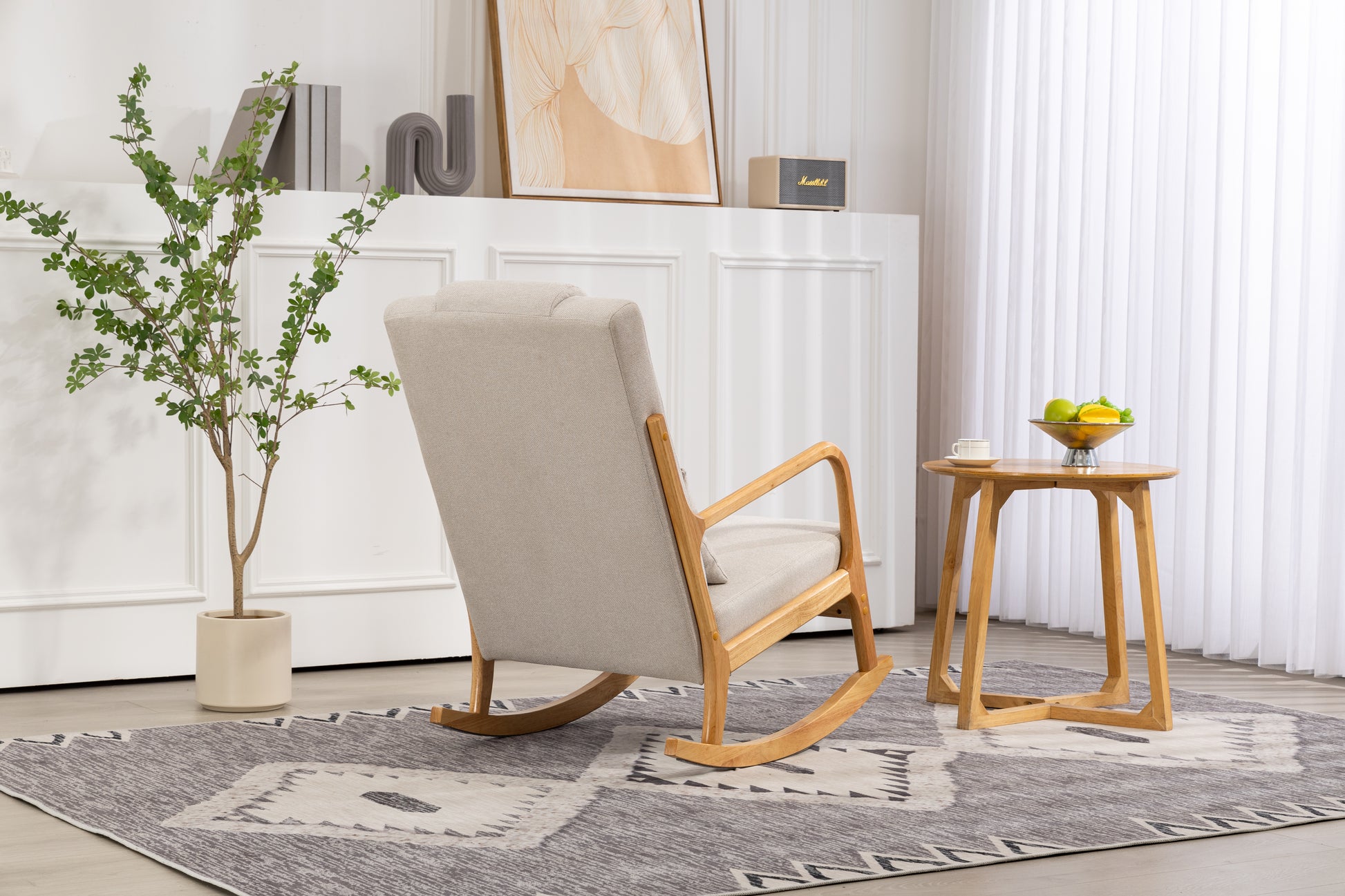 Rocking Chair Upholstered Fabric Rocking Armchair Indoor With High Backrest Glider Chairs And Lumbar Pillow For Living Room Beige Linen