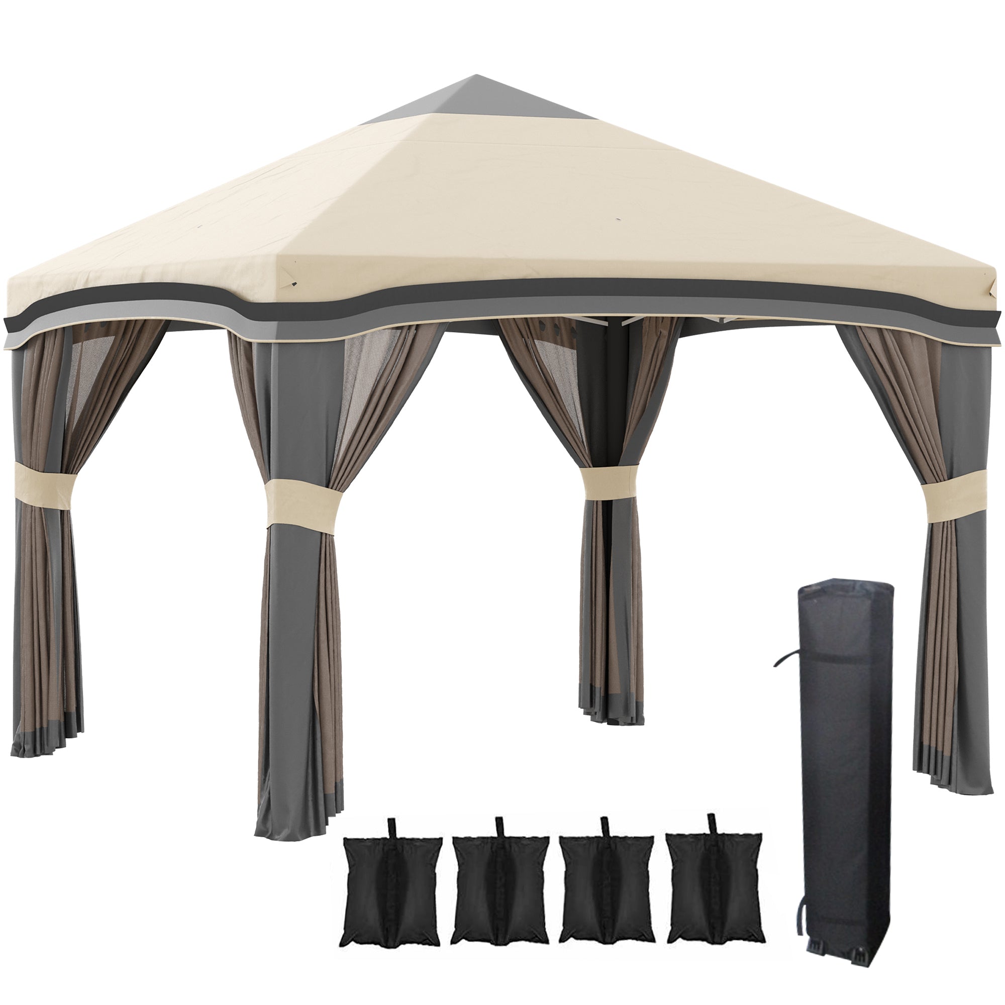 Outsunny 10' X 10' Pop Up Canopy Tent With Netting, Instant Tents For Parties, Height Adjustable, With Wheeled Carry Bag And 4 Sand Bags For Outdoor, Garden, Patio, Beige Beige Steel