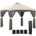 Outsunny 10' X 10' Pop Up Canopy Tent With Netting, Instant Tents For Parties, Height Adjustable, With Wheeled Carry Bag And 4 Sand Bags For Outdoor, Garden, Patio, Beige Beige Steel
