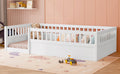 Twin Floor Bed Frame With Fence, Wood Kids Floor Beds Frame For Bedroom Playroom,White Twin White Pine