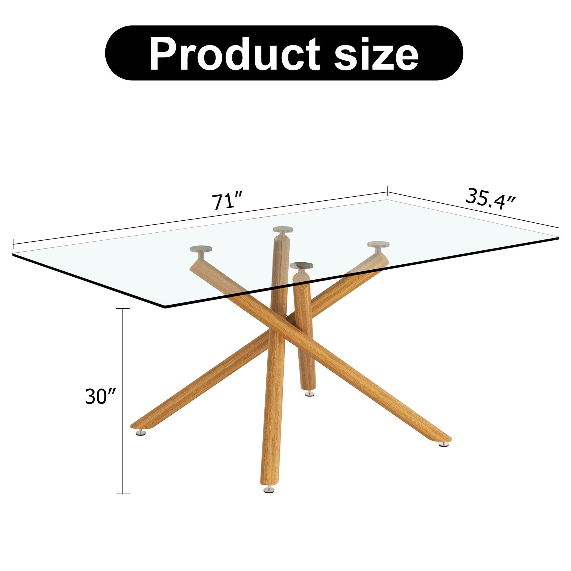 Large Modern Minimalist Rectangular Glass Dining Table For 6 8 With 0.39" Tempered Glass Tabletop And Wood Color Metal Legs, For Kitchen Dining Living Meeting Room Banquet Hall Transparent Glass