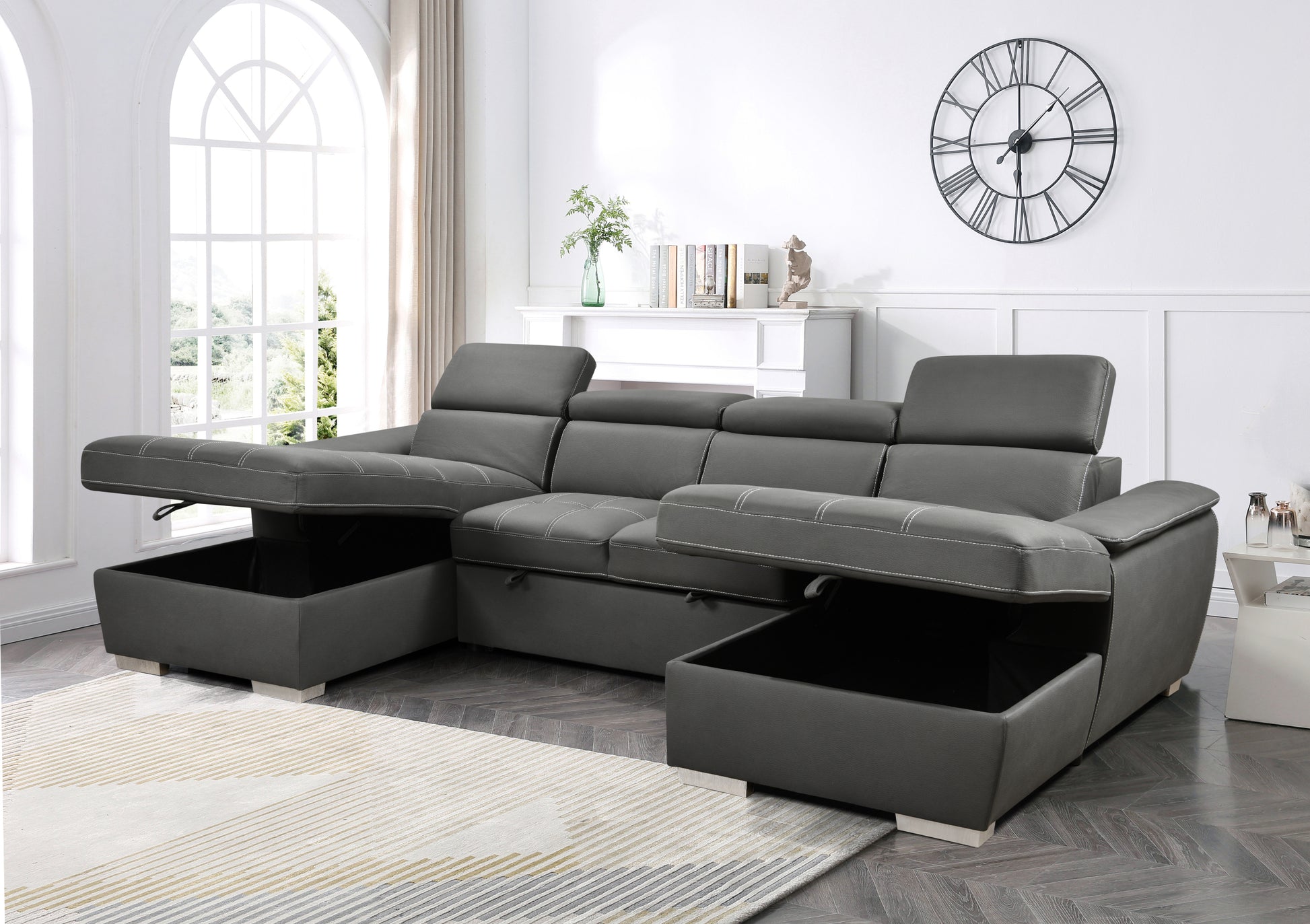 U Shaped Sleeper Sofa, 121 Inch Overisze 2 In 1 Pull Out Bed, Sectional Sleeper Sofa With Double Storage Chaise For Living Room Furniture, Charcoal Grey Light Brown Wood Primary Living Space Medium Duty Eucalyptus 6 Seat Charcoal Grey Polyester Soft