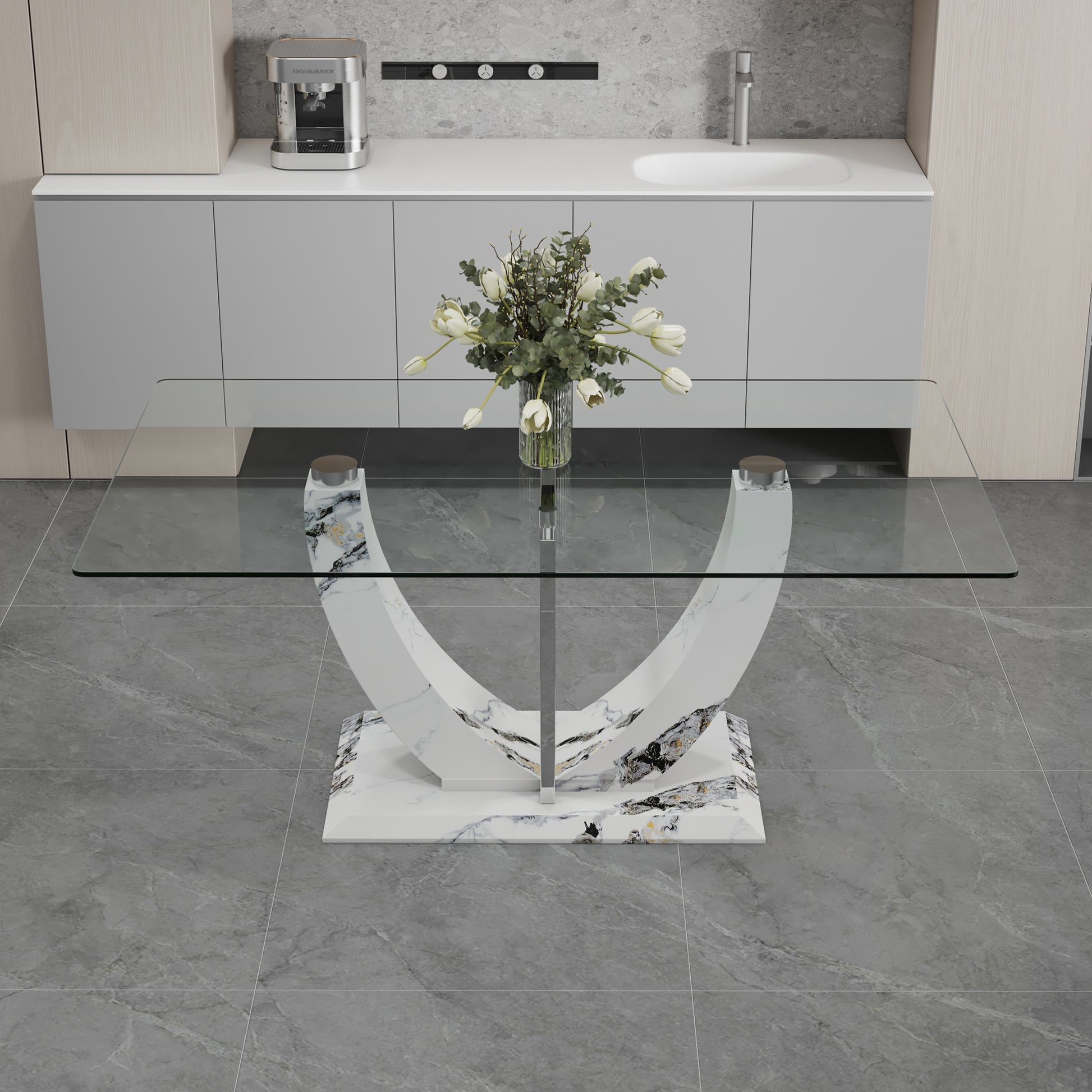 A Modern And Simple Rectangular Glass Table, Equipped With A 0.39 Inch Tempered Glass Table And Medium Density Board Legs, And Stainless Steel Support Shelves. Used In The Kitchen, Dining Room F 907 White Glass