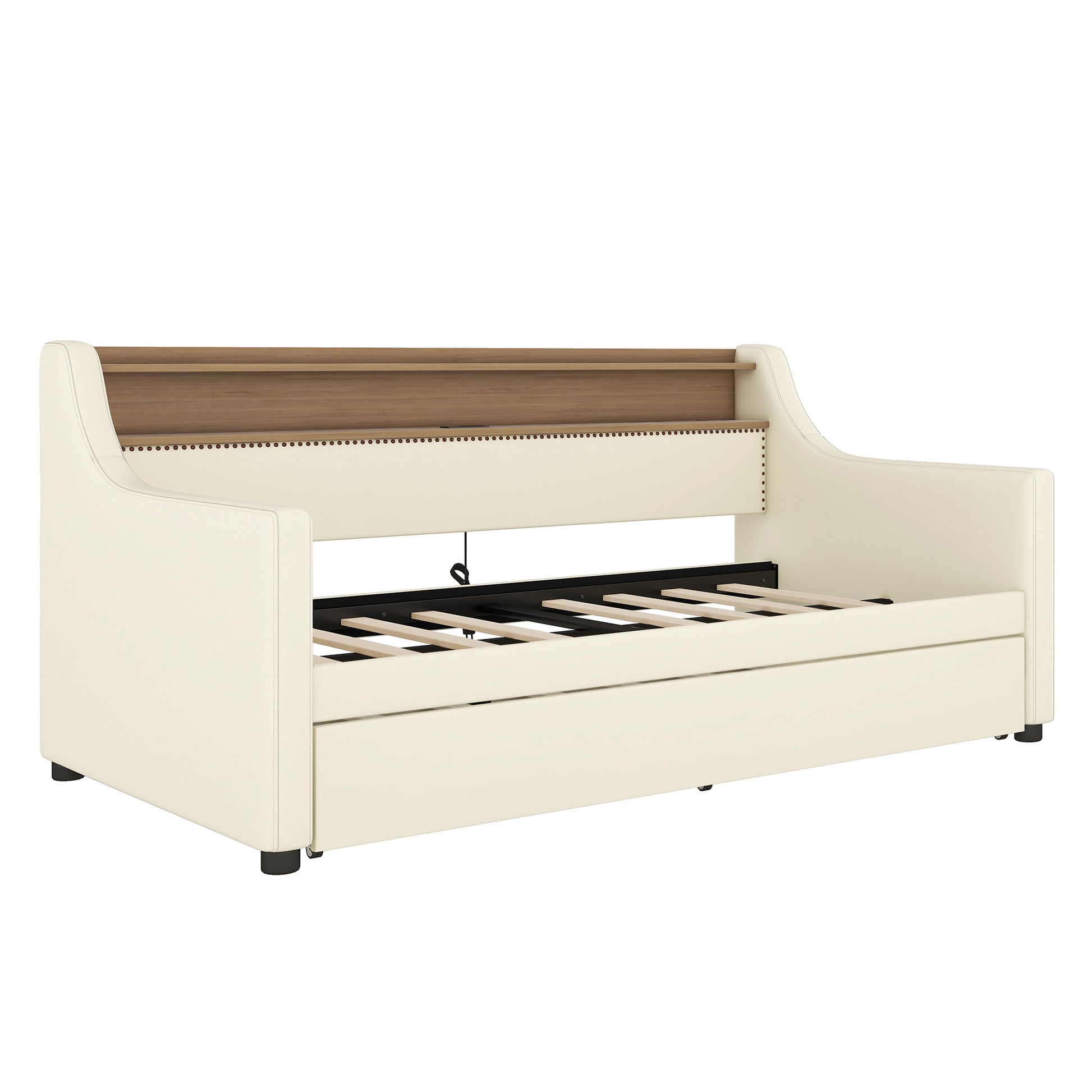 Twin Size Daybed With Trundle, Upholstered Daybed With Charging Station And Led Lights, White Twin White Pu Leather