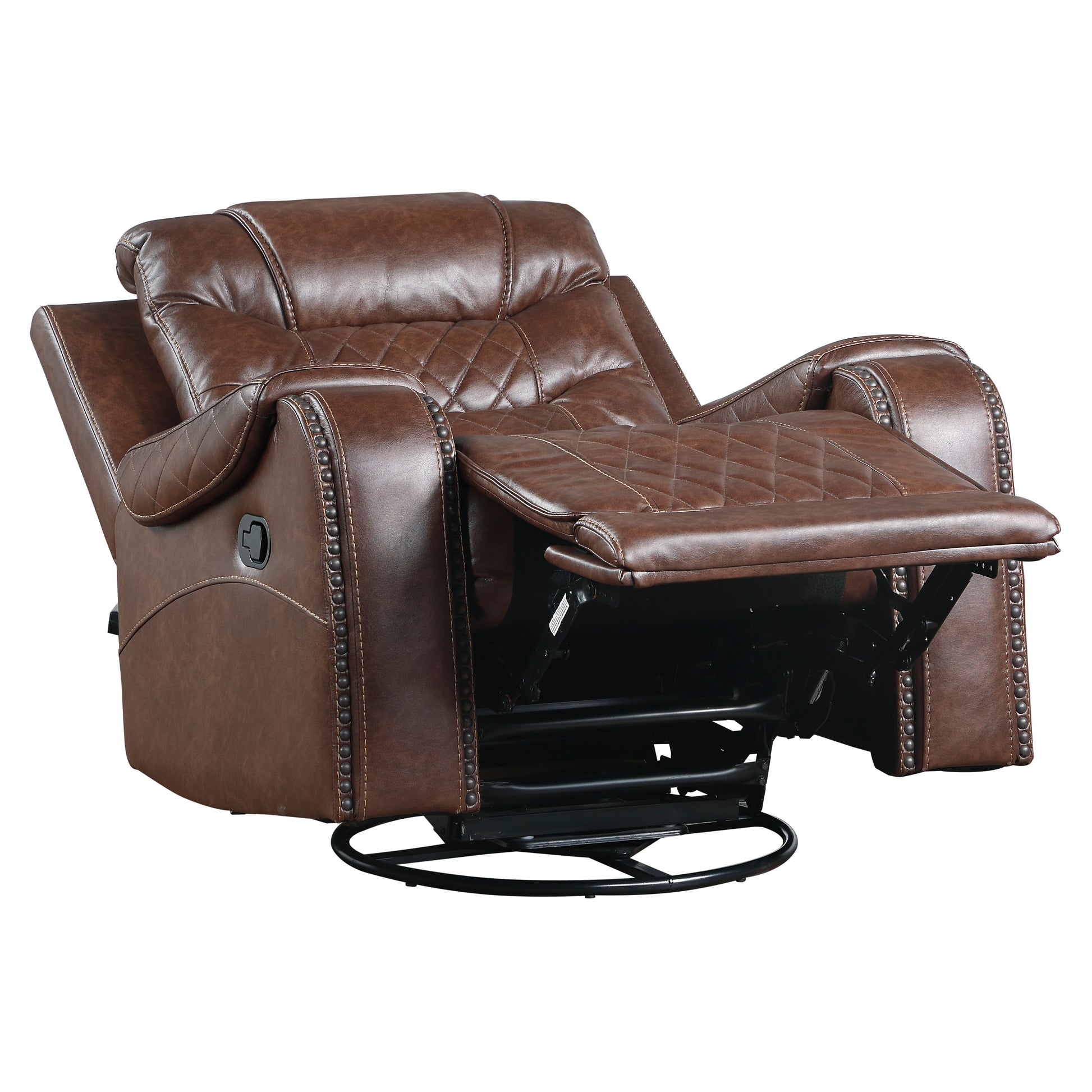 Luxurious Living Room Furniture 1Pc Swivel Glider Reclining Chair, Brownfaux Leather Upholstery Diamond Pattern Stitching Brown Primary Living Space Luxury,Modern Solid Wood
