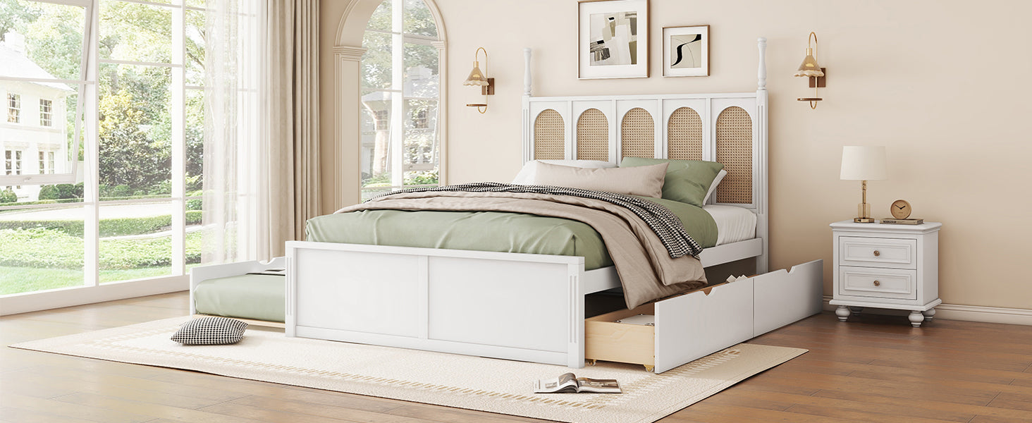 Queen Size Rattan Platform Bed With With 2 Big Drawers, T Size Trundle, White Queen White Plywood