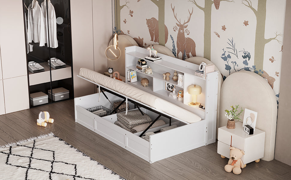 Twin Size Daybed Frame With Storage Bookcases And Underneath Storage, Usb Charging Station, White Twin White Solid Wood Mdf