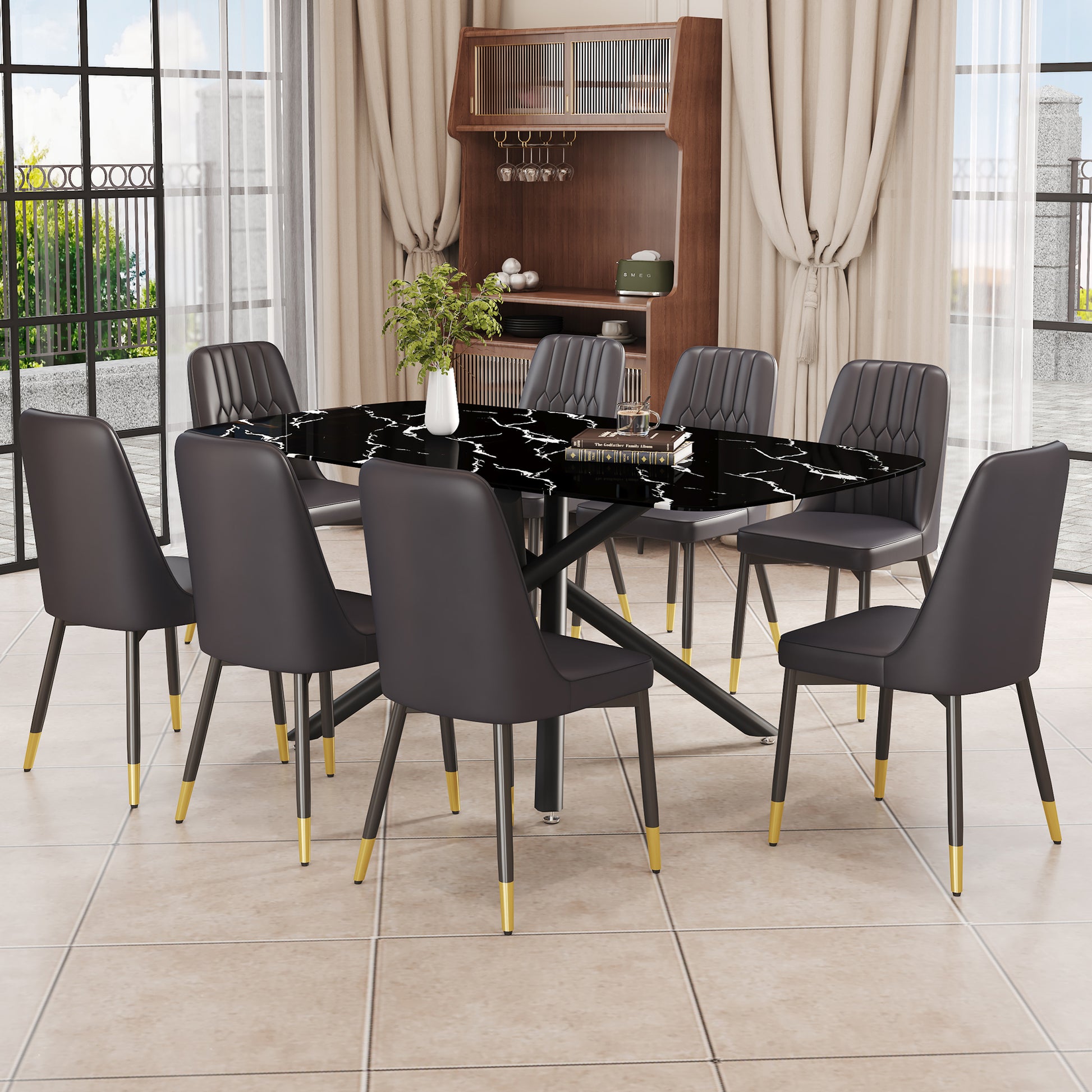 1 Table And 8 Chairs Set.A Rectangular Dining Table With A Imitation Marble Black Table Top And Black Metal Legs.Paired With 8 Chairs With Pu Leather Seat Cushion And Black Metal Legs.F 1537,C 007 Black Glass Metal