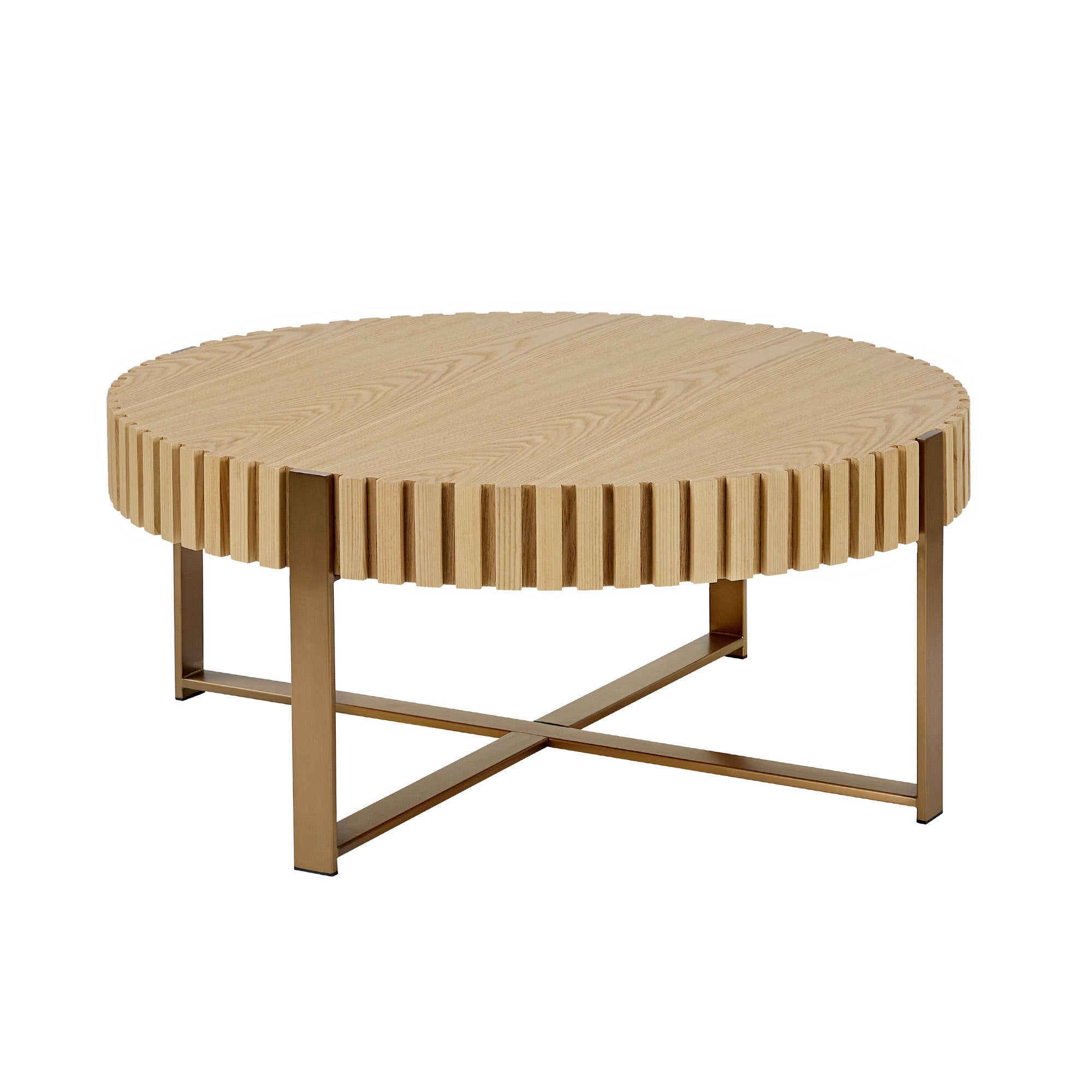 Modern Handcraft Drum Coffee Table 31.5 Inch Round Coffee Table For Living Room,Small Coffee Table With Sturdy Pedestal,Natural Ash Natural Ash Mdf Metal