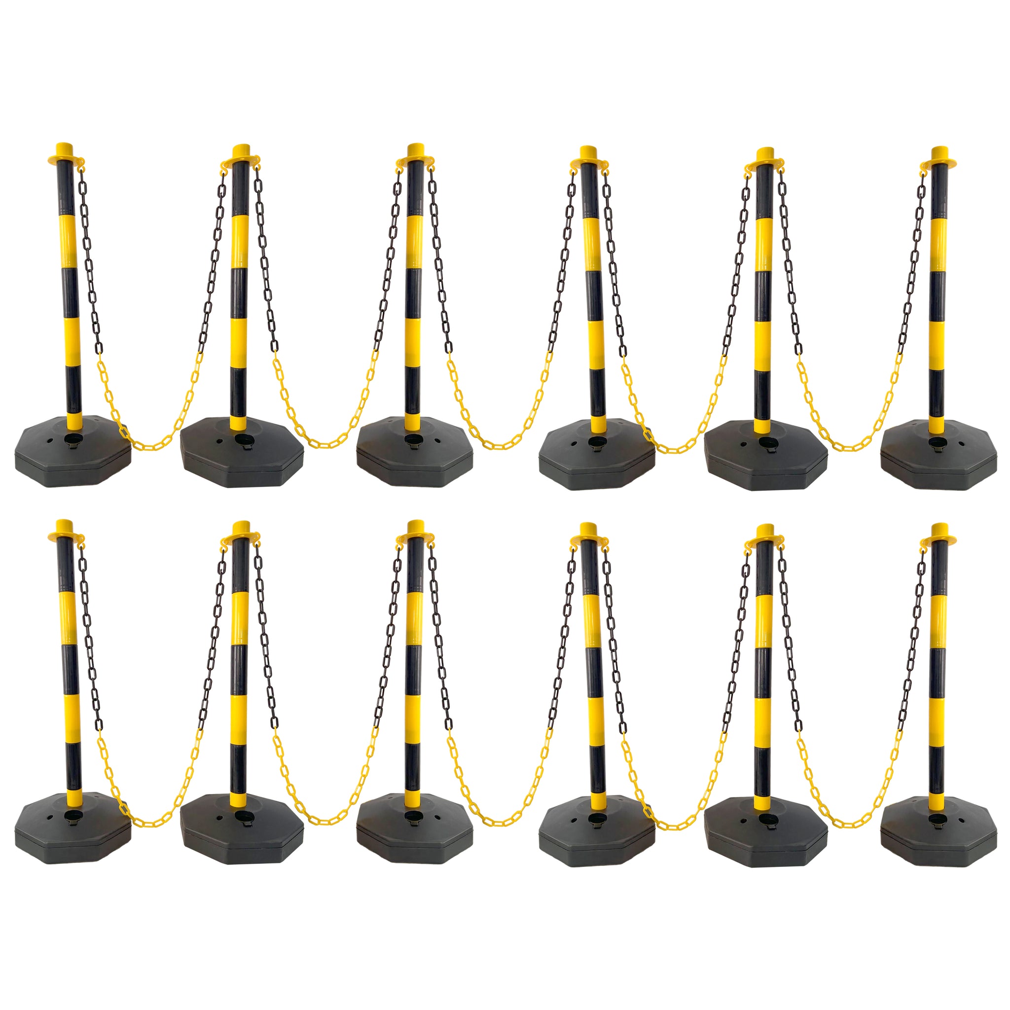 12 Pack Traffic Delineator Post Cones With Fillable Base, Adjustable Plastic Safety Barrier With 5Ft Plastic Chain, Outdoor And Indoor Crowd Control Stanchion For Traffic Control And Warning Y B Yellow Black Plastic