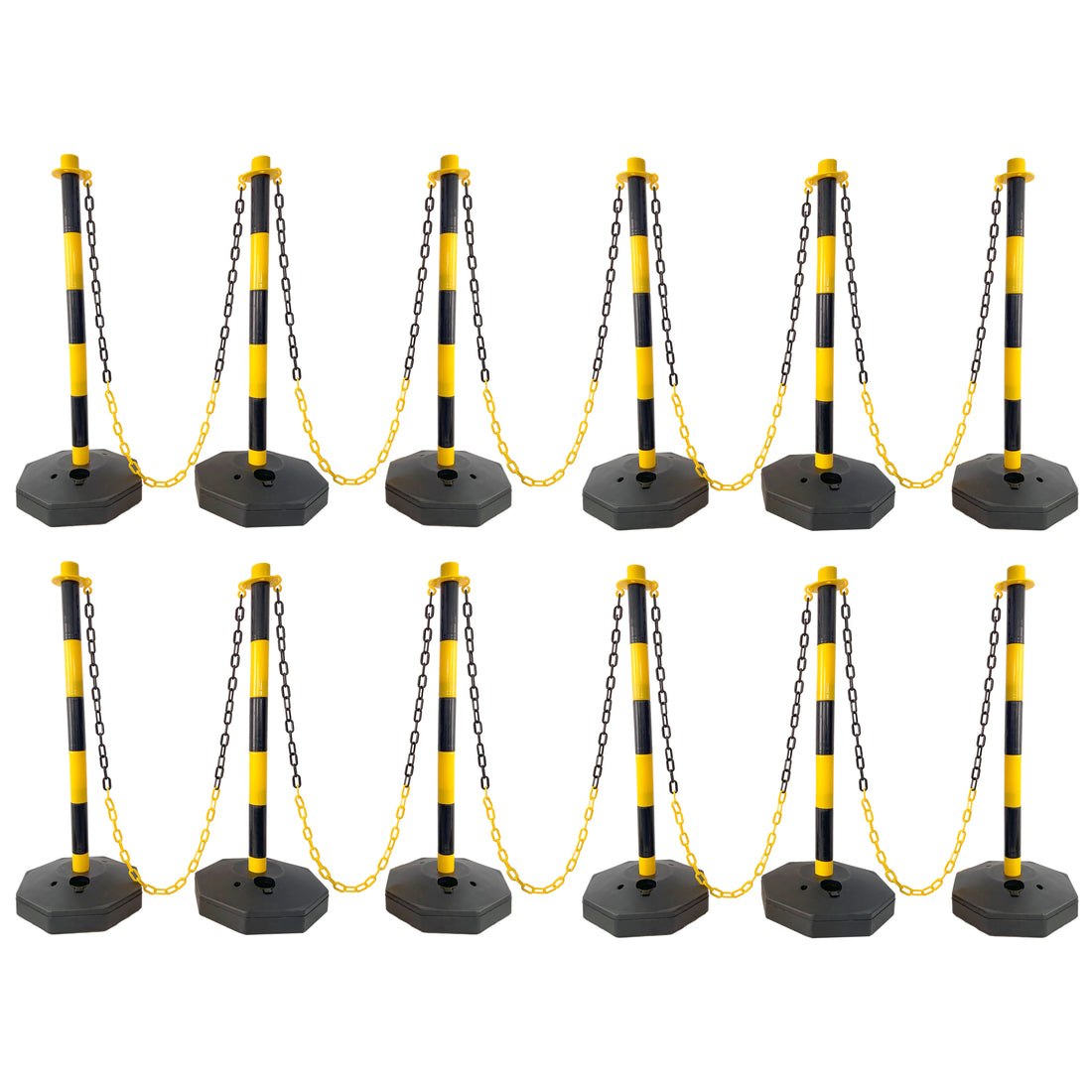 12 Pack Traffic Delineator Post Cones With Fillable Base, Adjustable Plastic Safety Barrier With 5Ft Plastic Chain, Outdoor And Indoor Crowd Control Stanchion For Traffic Control And Warning Y B Yellow Black Plastic