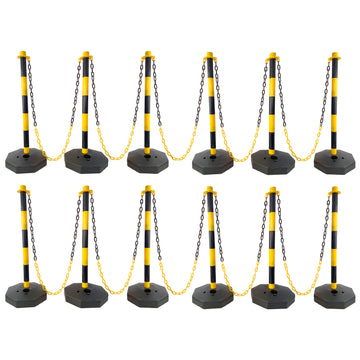 12 Pack Traffic Delineator Post Cones With Fillable Base, Adjustable Plastic Safety Barrier With 5Ft Plastic Chain, Outdoor And Indoor Crowd Control Stanchion For Traffic Control And Warning Y B Yellow Black Plastic