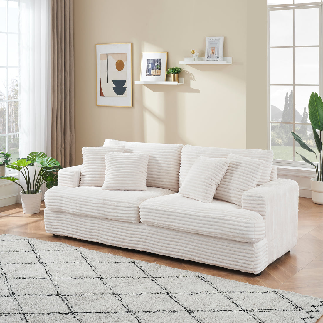 79.3Nch Corduroy Sofa With 4 Matching Toss Pillows Sleek Design Spacious And Comfortable 3 Seater Couch For Modern Living Room,White White Corduroy 3 Seat