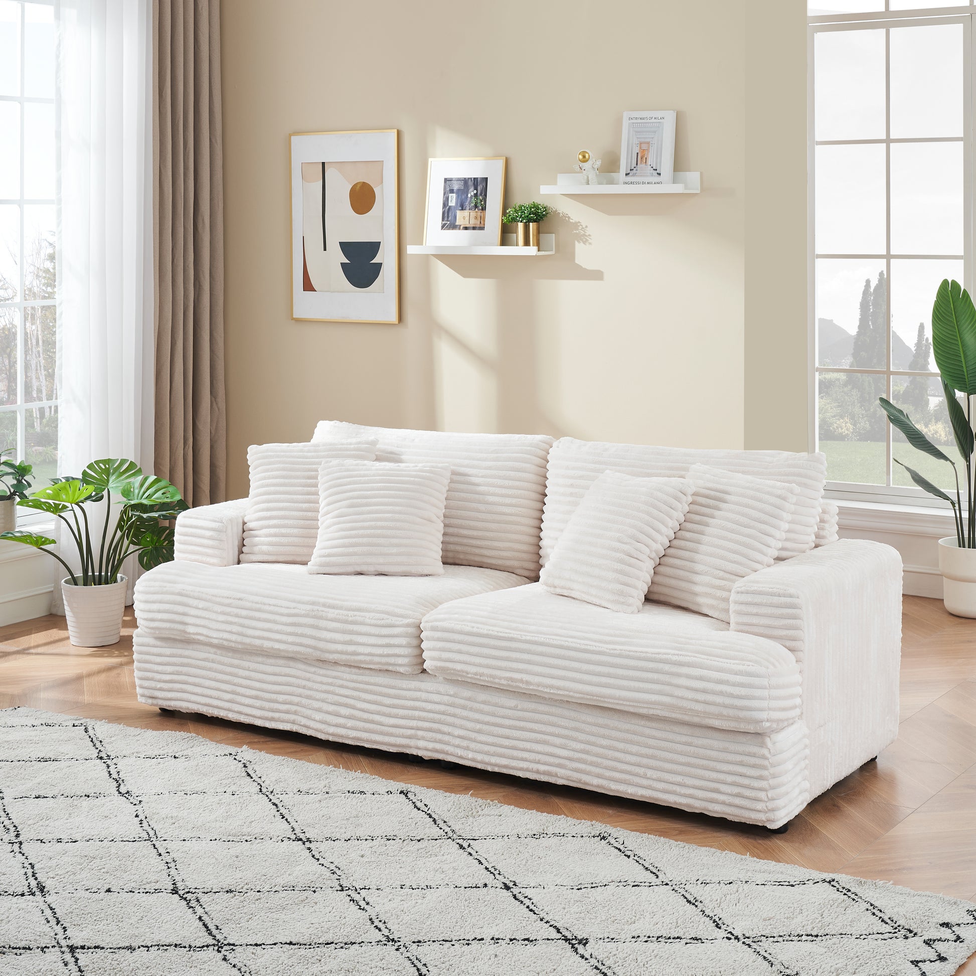 79.3Nch Corduroy Sofa With 4 Matching Toss Pillows Sleek Design Spacious And Comfortable 3 Seater Couch For Modern Living Room,White White Corduroy 3 Seat
