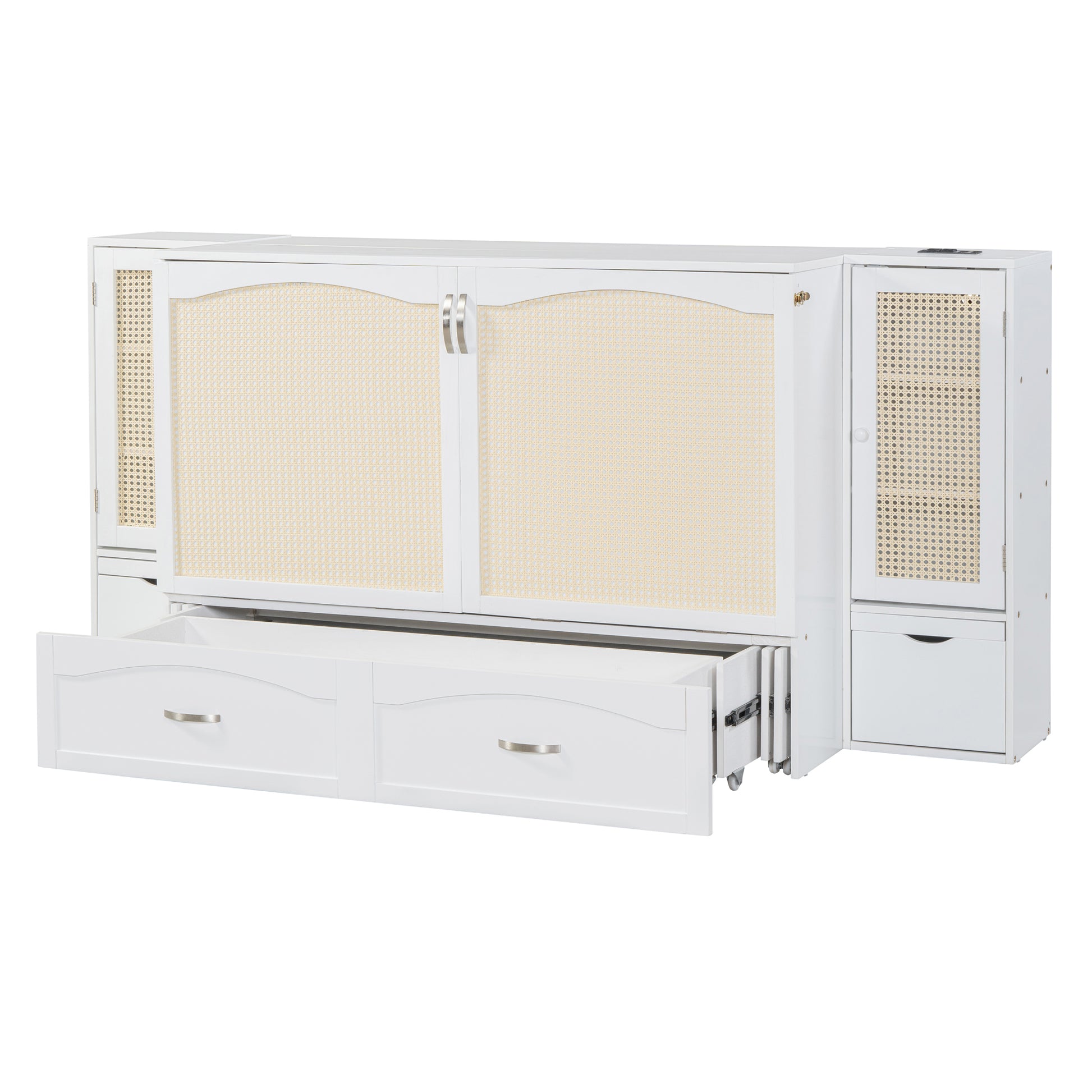 Queen Size Murphy Bed Wall Bed With Drawer And Rattan Decoration With 2 Storage Cabinets, One Set Of Sockets & Usb Ports, Pulley Structure Design, White Queen White Plywood