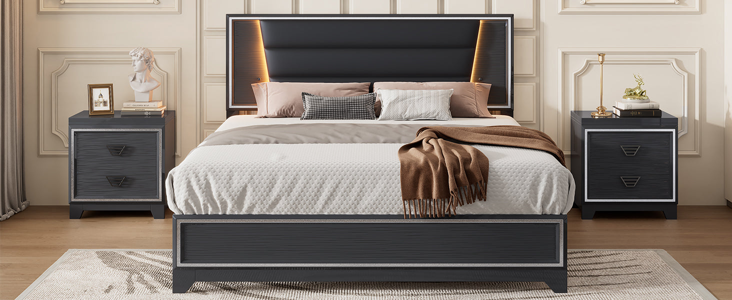 Queen Size Pu Upholstered Bed, Headboard With Led Light Strips And Sparkling Shiny Decoration, No Box Spring Required, Black Queen Black Pu