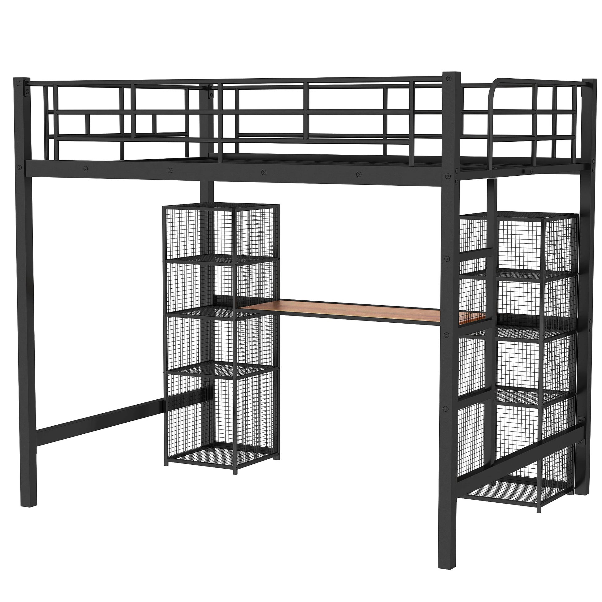 Full Size Metal Loft Bed With Built In Desk And Shelves, Black Brown Box Spring Not Required Full Black Brown Metal Bedroom Mdf Metal