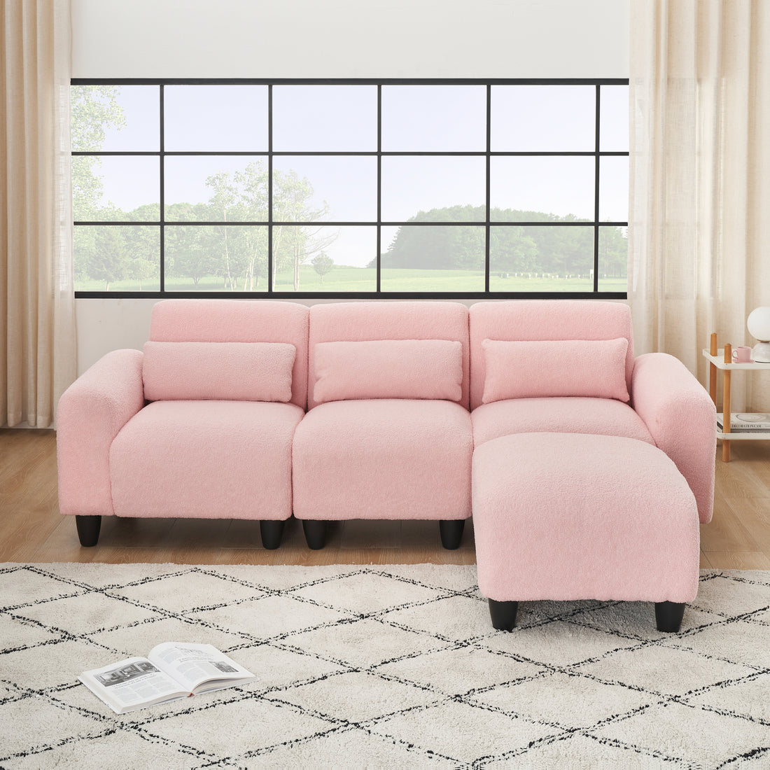 The 84.6 Inch Pink Teddy Fleece Creative Sofa Can Be Assembled Into A Two Seater Sofa Plus A Single Couch With Three Waist Pillows To Perfectly Stretch Your Waist For Small Apartment Bedroom Spaces Pink Polyester Blend 4 Seat