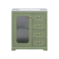 30 Inch Bathroom Vanity With A Soft Close Glass Door, Adjustable Shelves, And Three Drawers Green Bathroom Solid Wood Mdf Glass