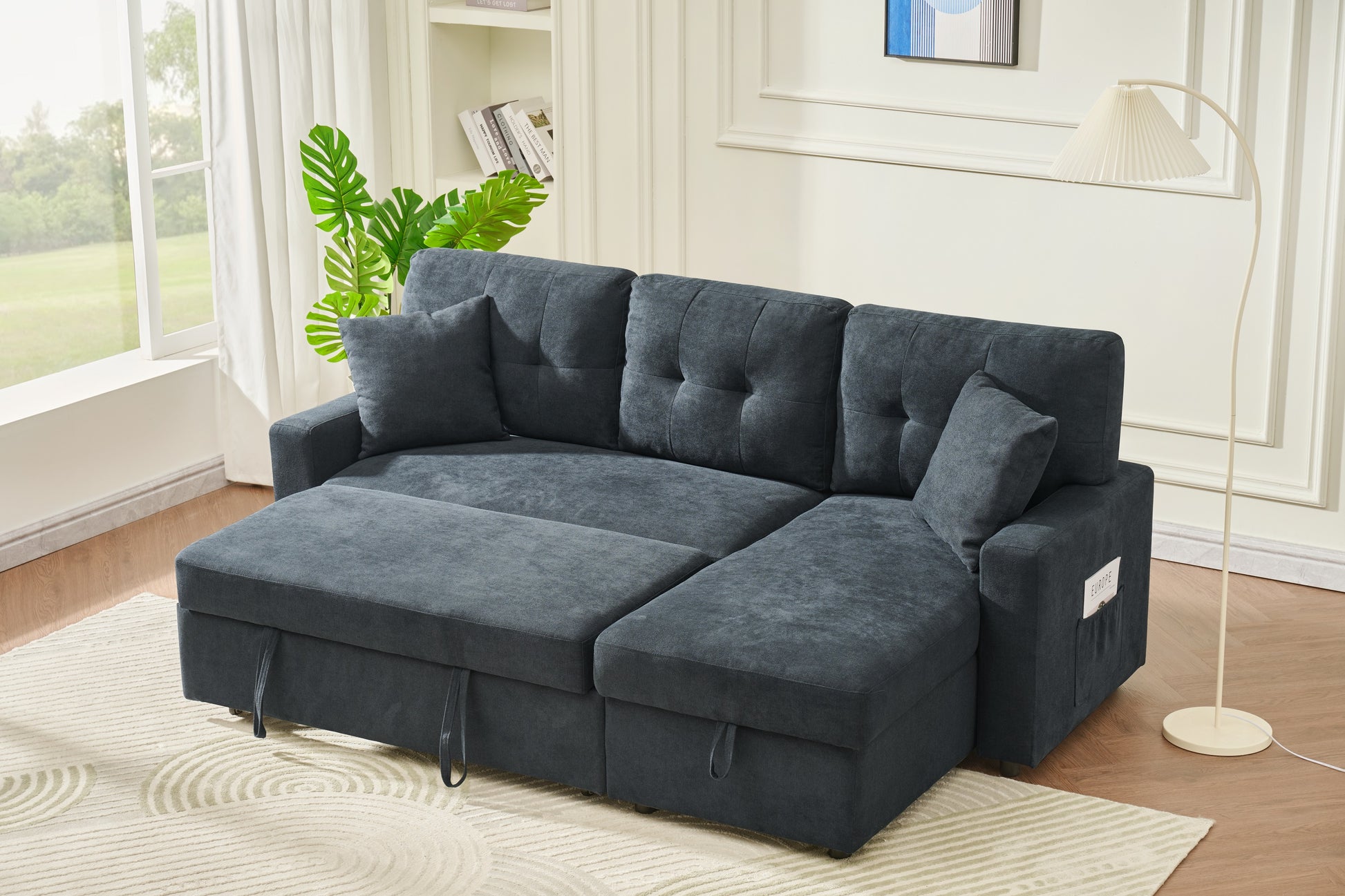 Sectional Sofa Bed L Shaped Sofa Couch Bed With Usb Port, Reversible Sofa Couch Sleeper With Pull Out Bed, Chaise With Storage, Pull Out Couch For Living Room Black Wood Fabric 3 Seat