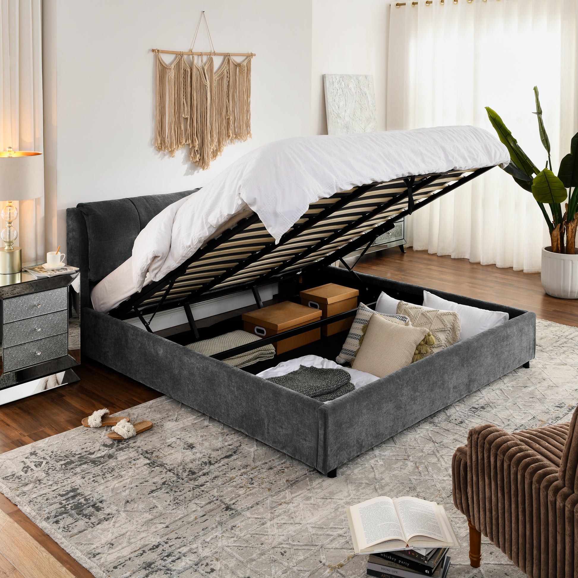 King Size Storage Upholstered Hydraulic Platform Bed With Integrated Headboard, Chenille Fabric, Gray King Gray Bedroom Luxury,Modern Chenille Chenille