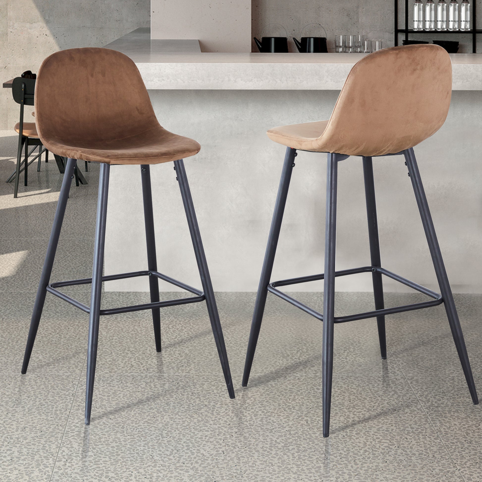 Bar Stools Set Of 2, 30 Inches Velvet Barstool Modern Counter Bar Height Chair With Back, Sturdy Metal Legs & Footrests, Easy Assembly, Island Stool For Kitchen Bar Brown Velvet