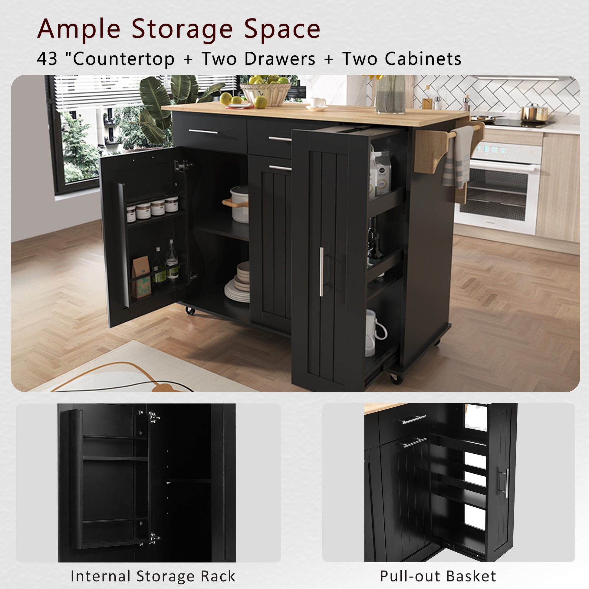 K&K Kitchen Island With Drop Leaf, Kitchen Storage Cart With 3 Tier Pull Out Cabinet Organizer, Internal Storage Rack, Rolling Kitchen Cart On Wheels With Towel Rack, 2 Drawers, For Kitchen, Black Black Brown Kitchen Classic,Farmhouse,Luxury,Modern