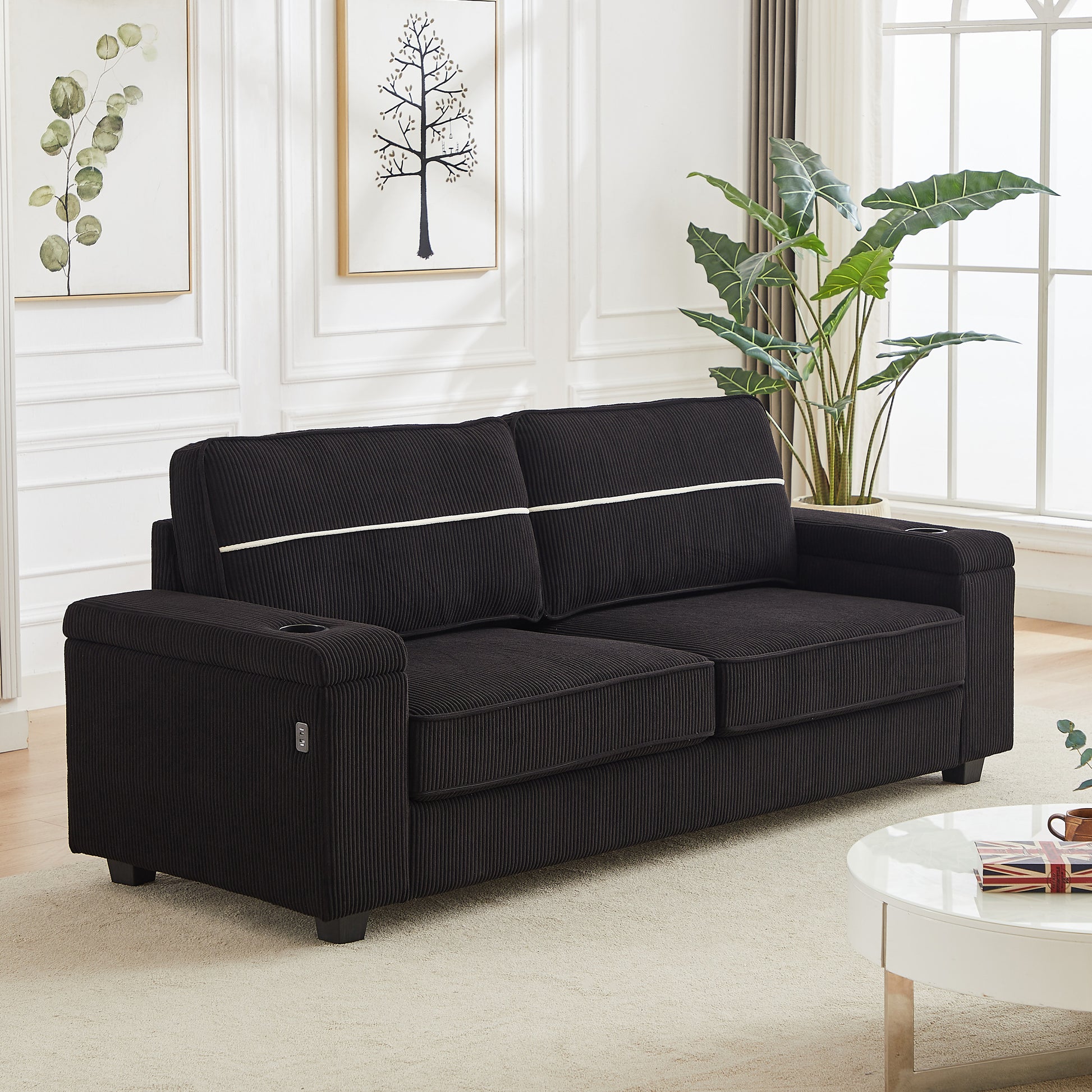 86.5 Inch Sofa Couch Deep Seat Sofa With Two Storage Spaces, T Pyce Charging Portsusb Charging Ports & 2 Cup ,Corduroy 3 Seater Couch, Modern Sofas For Living Room Black Foam Corduroy 3 Seat