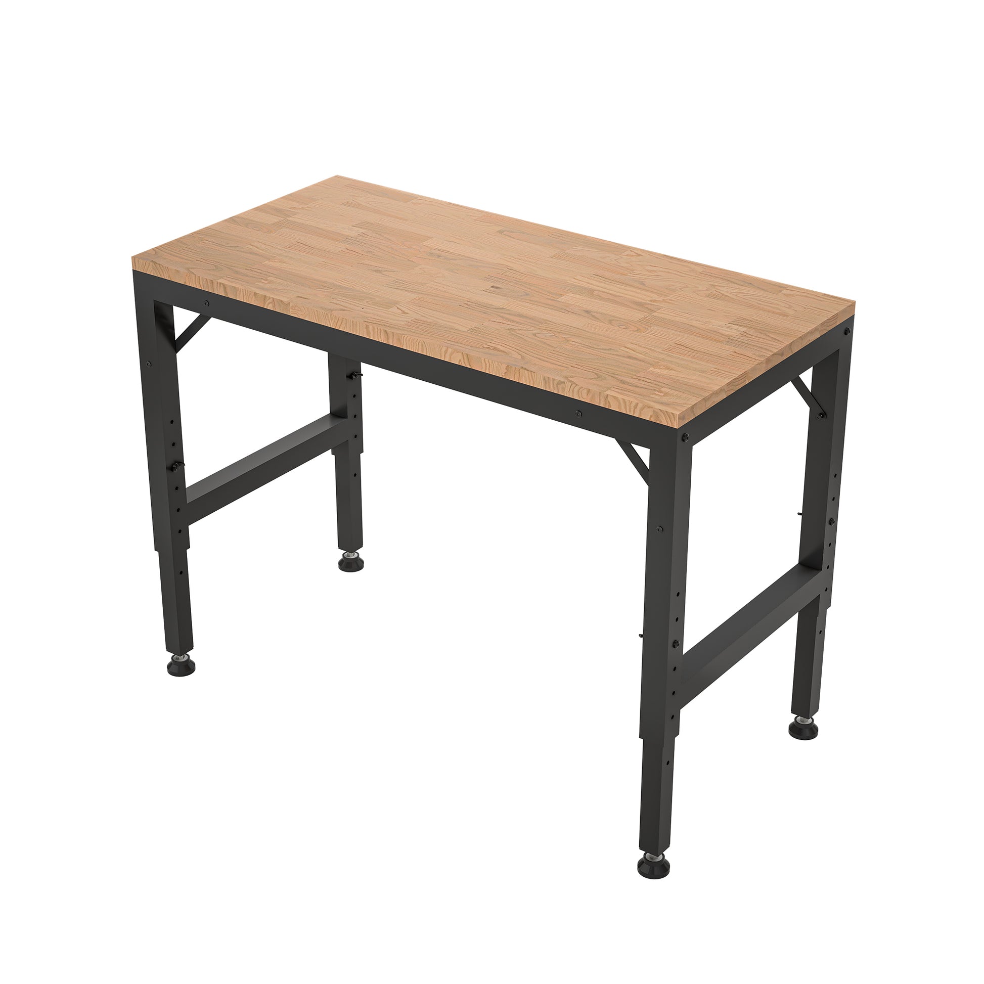 48" Heavy Duty Adjustable Workbench For Garage, Rubber Wood Shop Table W Rubber Pads, Hardwood Workstation Weight Capacity Over 2000 Lbs Black Metal & Wood