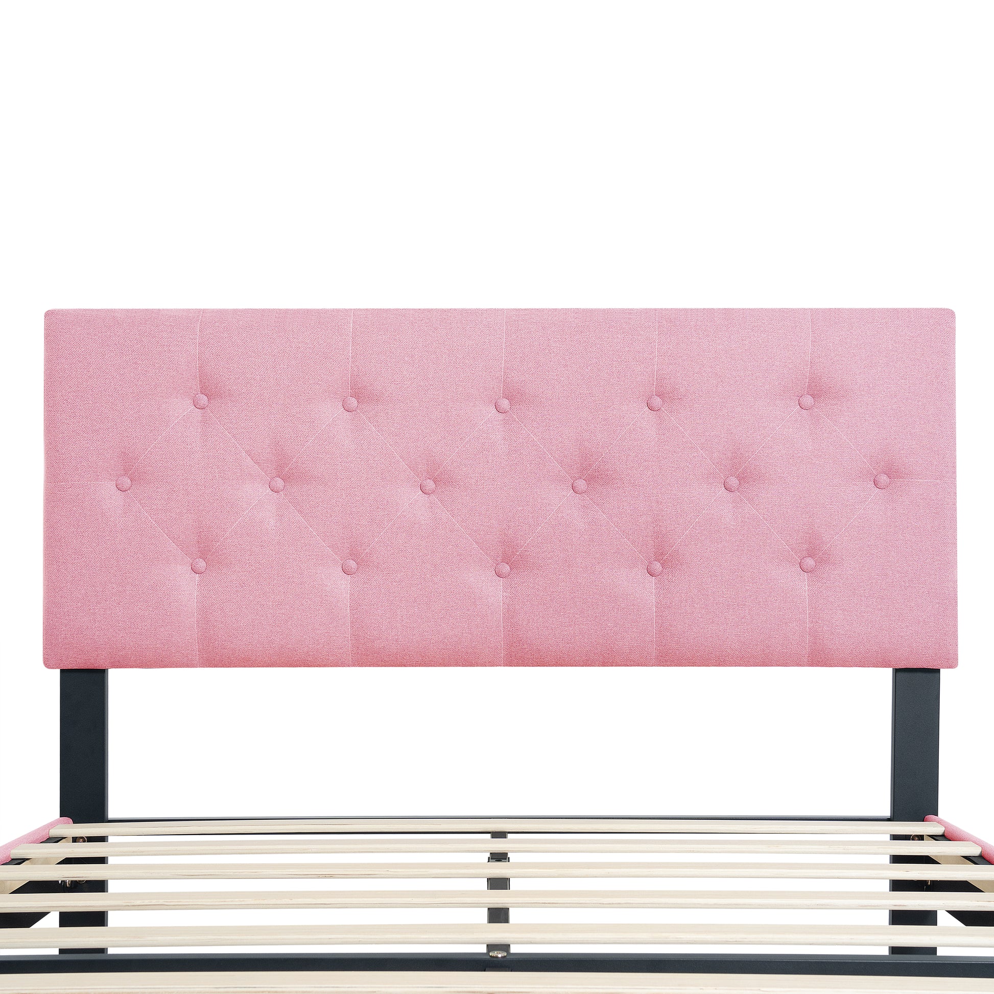 Full Size Upholstered Platform Bed Frame With Modern Button Tufted Linen Fabric Headboard, No Box Spring Needed, Wood Slat Support, Easy Assembly, Pink Full Pink Linen