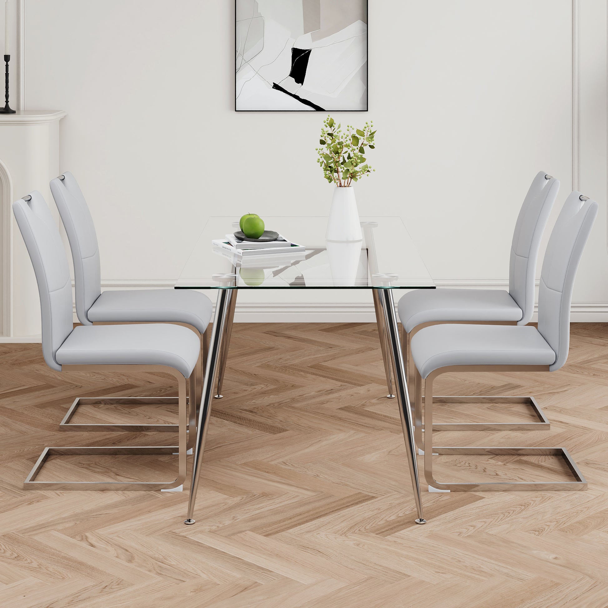 Modern Simple Rectangular Glass Dining Table, Solid Tempered Glass Tabletop, Electroplated Table Legs, Gray Pu Dining Chair Set, Suitable For Restaurant Kitchen Use Set Of 5 Upholstered Chair Glass Gray Pu Seats 4 Metal Rectangular Dining Table With