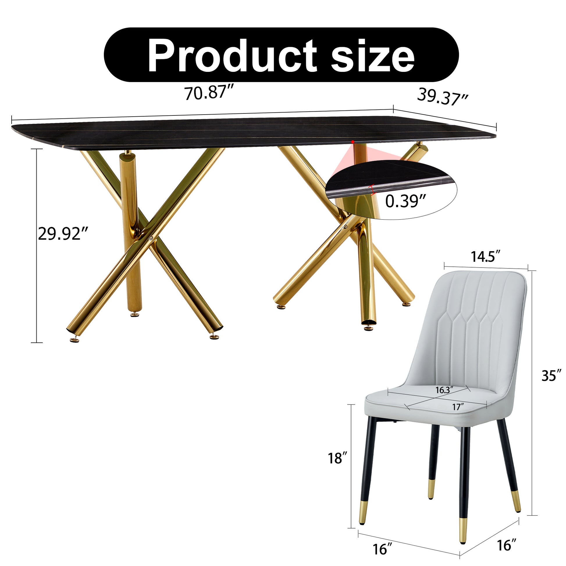 Large Modern Minimalist Rectangular Dining Table With 0.39 "Imitation Marble Black Desktop And Gold Metal Legs, Paired With 6 Chairs With Pu Cushions And Black Metal Legs.F 1538 C 007 Black Gold Glass Metal