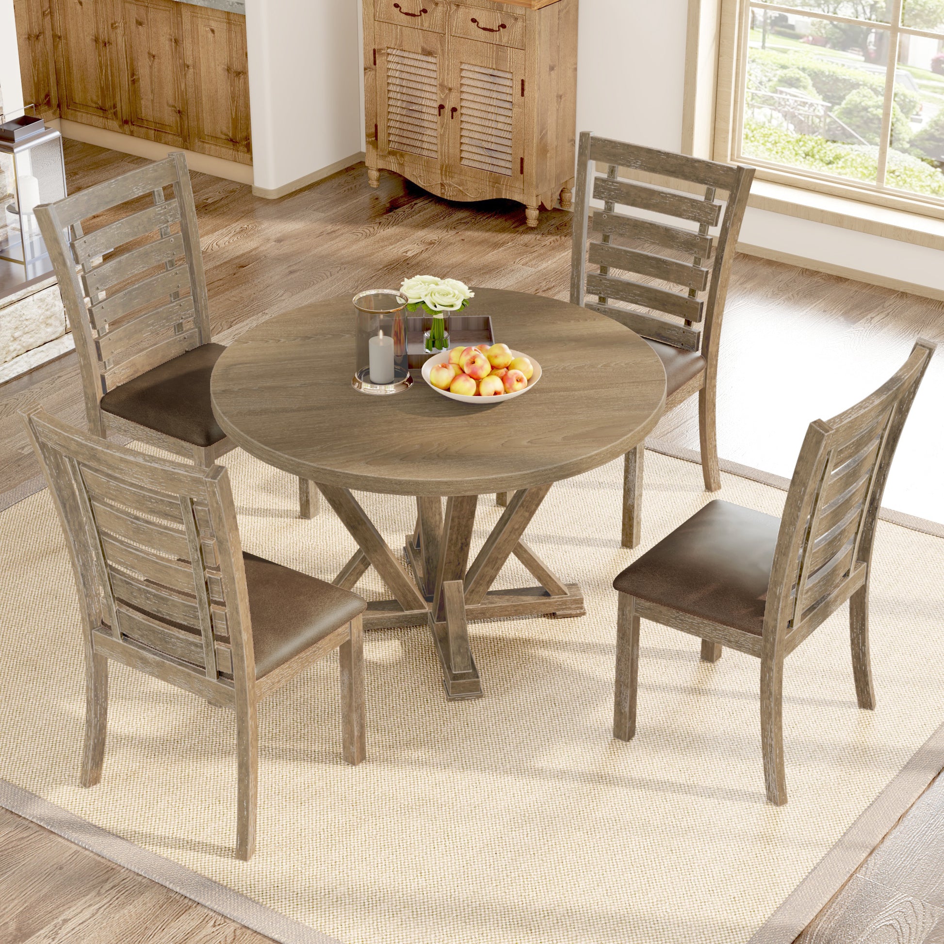5Pcs Table Set Round Dining Table Solid Wood Modern Farmhouse Rustic Look Distressed Look Wood Grayish Brown Ladder Back Seats 4 Light Brown Dining Room Fixed Table American Design,Farmhouse,French Country,Rustic,Vintage Rubberwood Round Round Dining