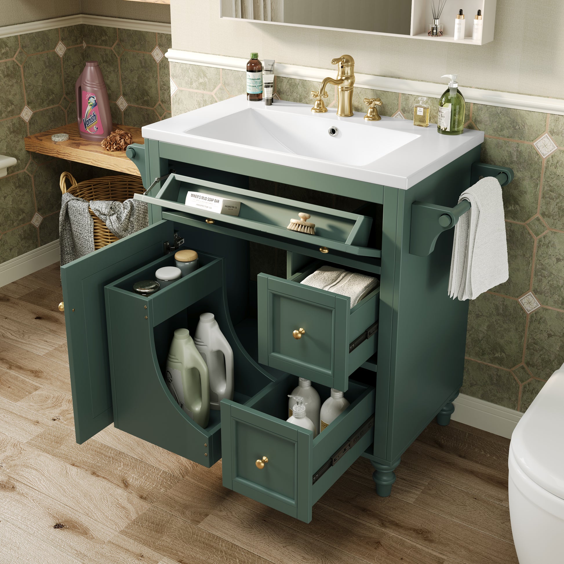 30'' Bathroom Vanity With Top Sink, Modern Bathroom Storage Cabinet With 2 Drawers And A Tip Out Drawer, Single Sink Bathroom Vanity Same As Sw000143Aaf Green Bathroom Modern Solid Wood Mdf Resin