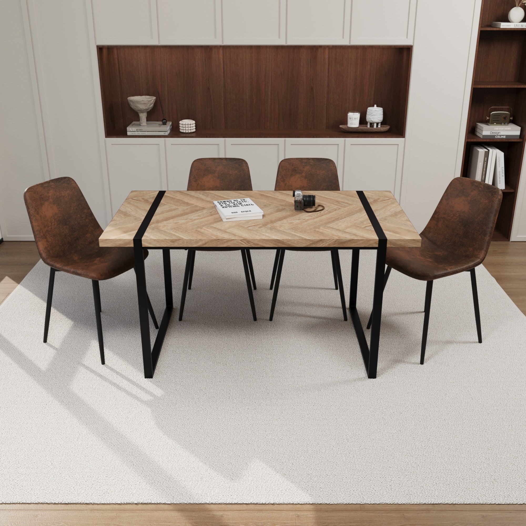 Mdf Light Wood Dining Table And Modern Dining Chair 4 Piece Set, Medieval Wooden Kitchen Dining Table Set, Rectangular Metal Base, Dining Table And Suede Chair Wood Mdf