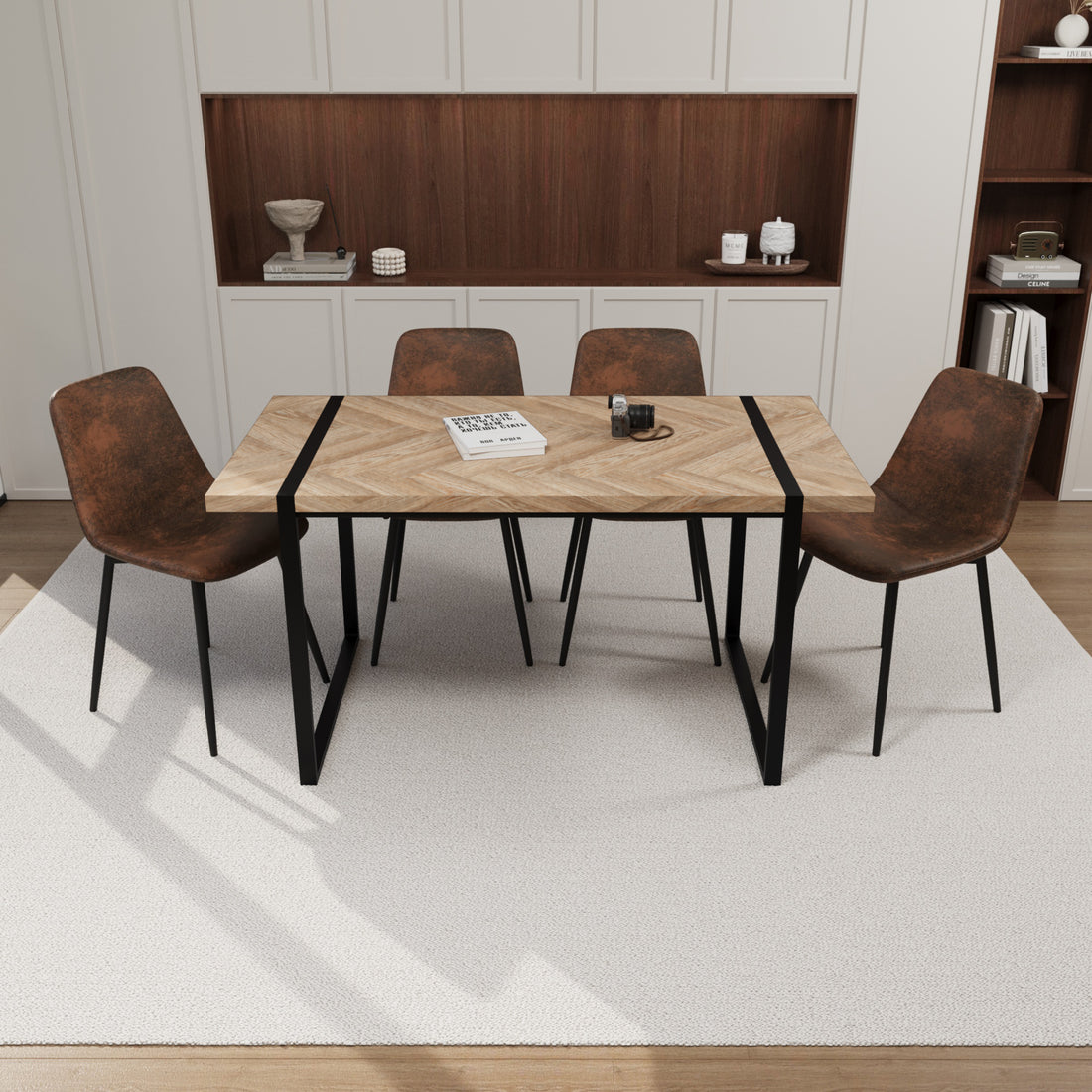 Mdf Light Wood Dining Table And Modern Dining Chair 4 Piece Set, Medieval Wooden Kitchen Dining Table Set, Rectangular Metal Base, Dining Table And Suede Chair Wood Mdf