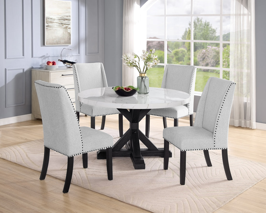 5Pc Dining Set Contemporary Style White Faux Marble Round Table Top Dove Gray Upholstery Wing Back Chairs Black Finish Wooden Solid Wood Dining Room Furniture Wood Wood Gray Seats 4 Wood Dining Room Contemporary,Modern,Transitional Round Dining Table
