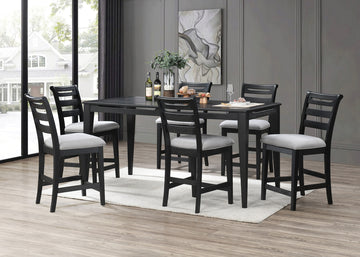 Black Color 7Pc Dining Set Counter Height Table And 6X High Chairs Upholstered Fabric Cushion Seats Solid Wood Dining Room Furniture Wood Dining Room Solid Wood Rubberwood Rectangular Dining Table With Chair Upholstered Chair Wood Black Ladder Back Seats