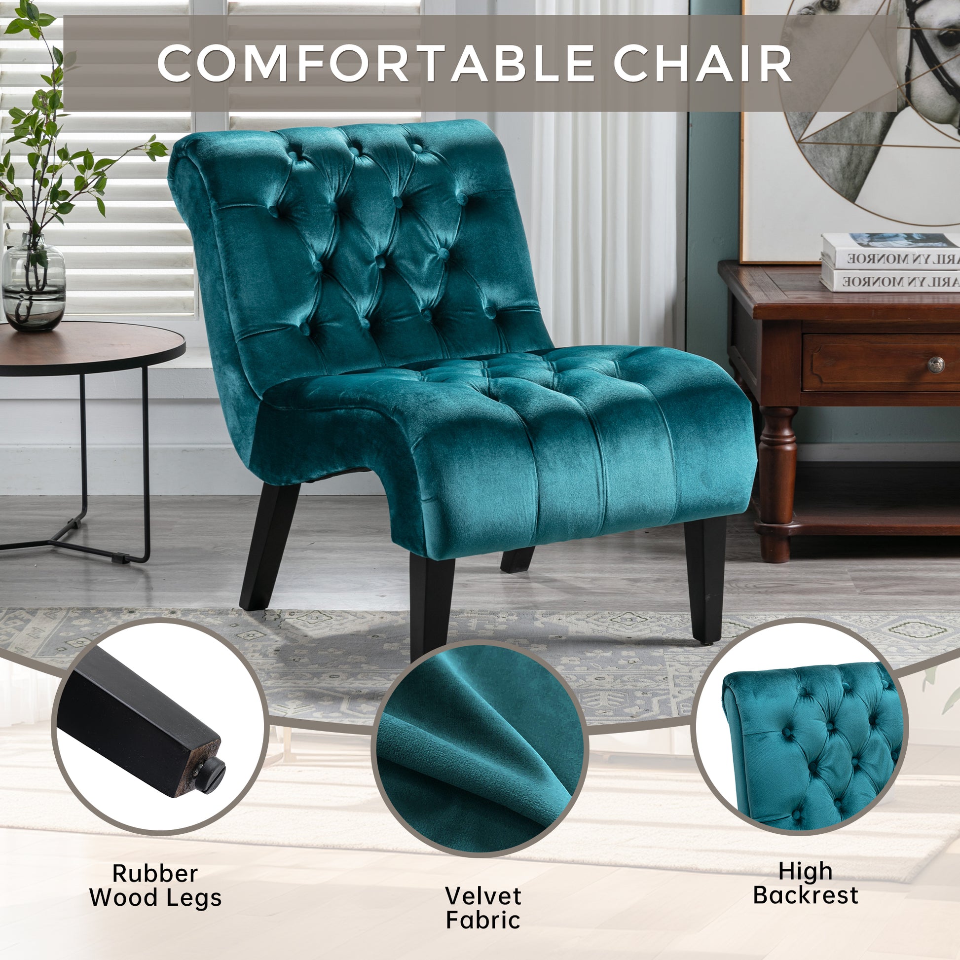 Coolmore Modern Velvet Armless Accent Living Room Chair Leisure Chair,Upholstered Fabric Button Comfortable Chair With Wooden Legs For Bedroom, Living Room, Office Teal Velvet Teal Primary Living Space Foam Velvet