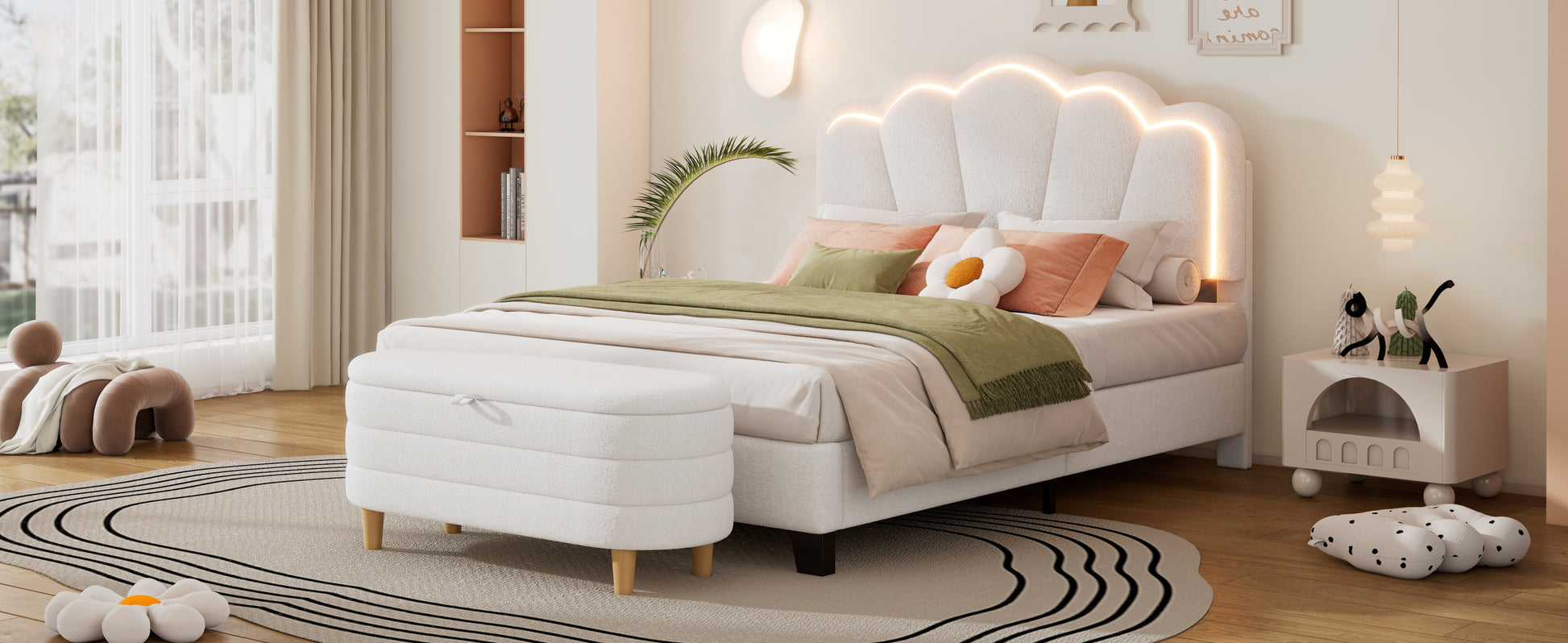 2 Pieces Bedroom Sets Full Size Flower Shaped Upholstered Led Platform Bed With Storage Ottoman Sherpa Fabric, White Full White 2 Piece Set Wood